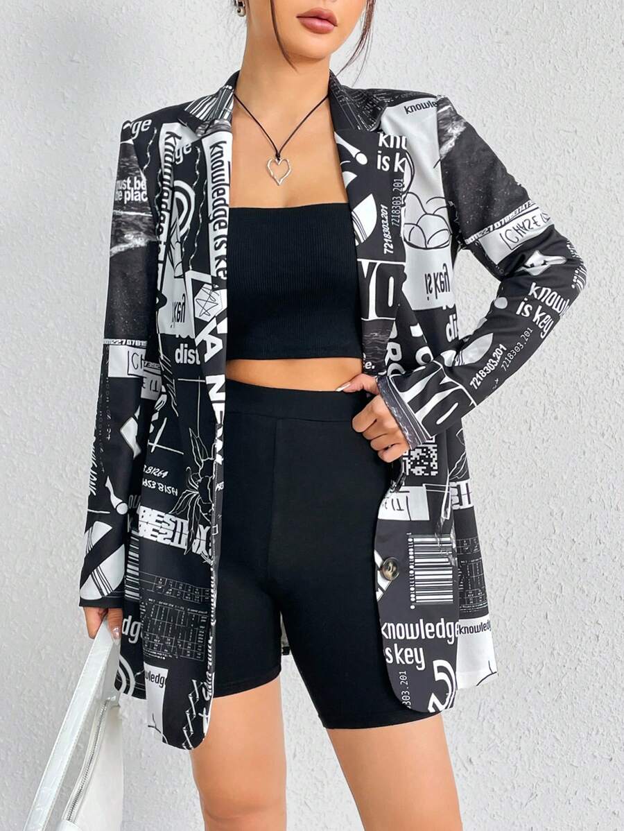 SHEIN EZwear Letter Graphic Single Breasted Blazer - Black - View 1