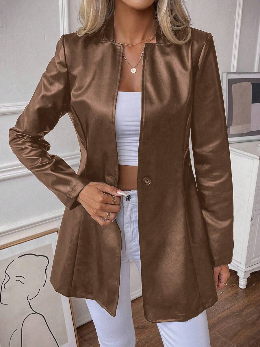 SHEIN LUNE Solid Single Button PU Coat - Brown - View 1