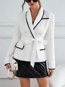 SHEIN Privé Contrast Binding Shawl Collar Belted Tweed Blazer - Black and White - View 1
