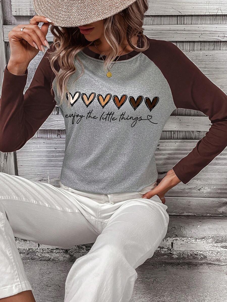 SHEIN EZwear Đồ họa trái tim & khẩu hiệu Tay Raglan Áo thun - màu nâu - Xem 1