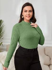 SHEIN Essnce Hơn Cổ giả Đồ đan Ribbed Áo thun - Màu xanh Ô liu - Xem 3