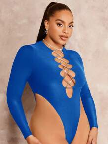 SHEIN BAE Plus Rhinestone Chain Crisscross Front Bodysuit - Royal Blue - View 5