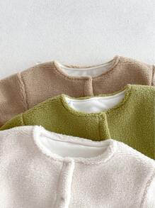 女嬰翻蓋細節前紐扣絨毛外套 - 米色 - 查看 4