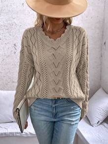 SHEIN LUNE Cắt vỏ sò Thả vai Dệt kim chấm bi Áo len - màu nâu - Xem 1