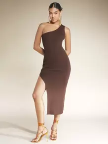SHEIN BAE فستان صوف مفتوح الكتف الواحد فتحة للفخذ - قهوة بني - مشاهدة 3