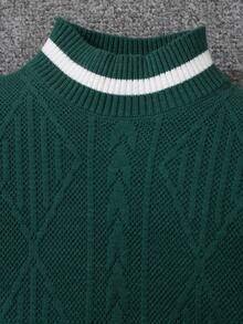 SHEIN 男小童舒服的和濃烈香調拼色條紋圖案修邊細節頭髮質感紋理高領套頭毛衣 - 墨綠色 - 查看 6