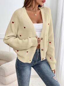 SHEIN Frenchy Thêu trái tim Tay Raglan Áo len Mở - Màu be - Xem 6