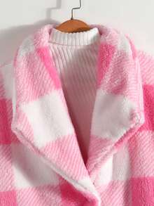 SHEIN LUNE 大方格圖案大翻領絨毛外套 - 粉色 - 查看 7