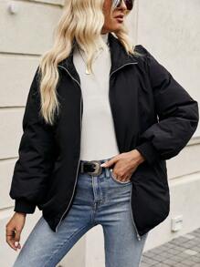 SHEIN LUNE Zip Up Raglan Sleeve Winter Coat - Hitam - View 4