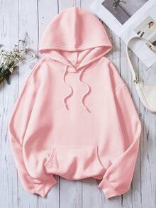 SHEIN EZwear 熊和標語圖案抽繩加絨內裏連帽衫 - 粉色 - 查看 2