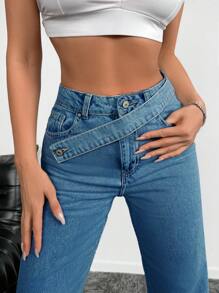 EURMUSE High Waist Straight Leg Jeans - Medium Wash - View 2