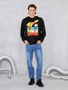 JUSTICE LEAGUE X SHEIN 男士卡通和字母圖案抽繩連帽衫 - 黑色 - 查看 4