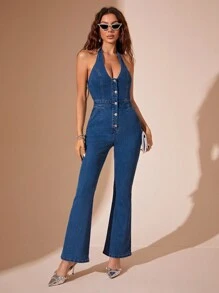 SHEIN BAE Button Front Halter Neck Backless Flare Leg Denim Jumpsuit - Blue - View 3