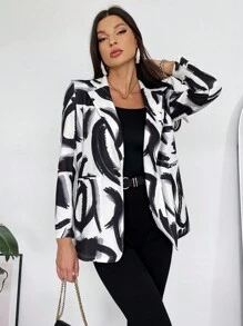 SHEIN Privé Allover Print Lapel Neck Blazer - Multicolor - View 1