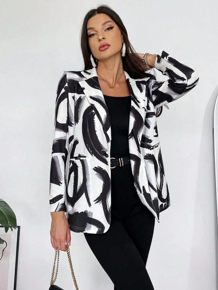 SHEIN Privé Allover Print Lapel Neck Blazer - Multicolor - View 1