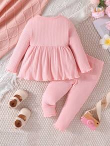 Baby Girl Lettuce Trim Peplum Tee & Leggings - Pink - View 2