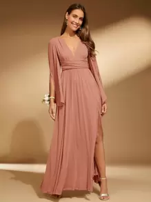 SHEIN Belle Plunging Neck Split Thigh Bridesmaid Dress Elegant Long Sleeve Dress - Dusty Pink - View 7