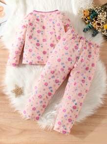 Chica Joven Conjunto de pijama con estampado floral unido en contraste