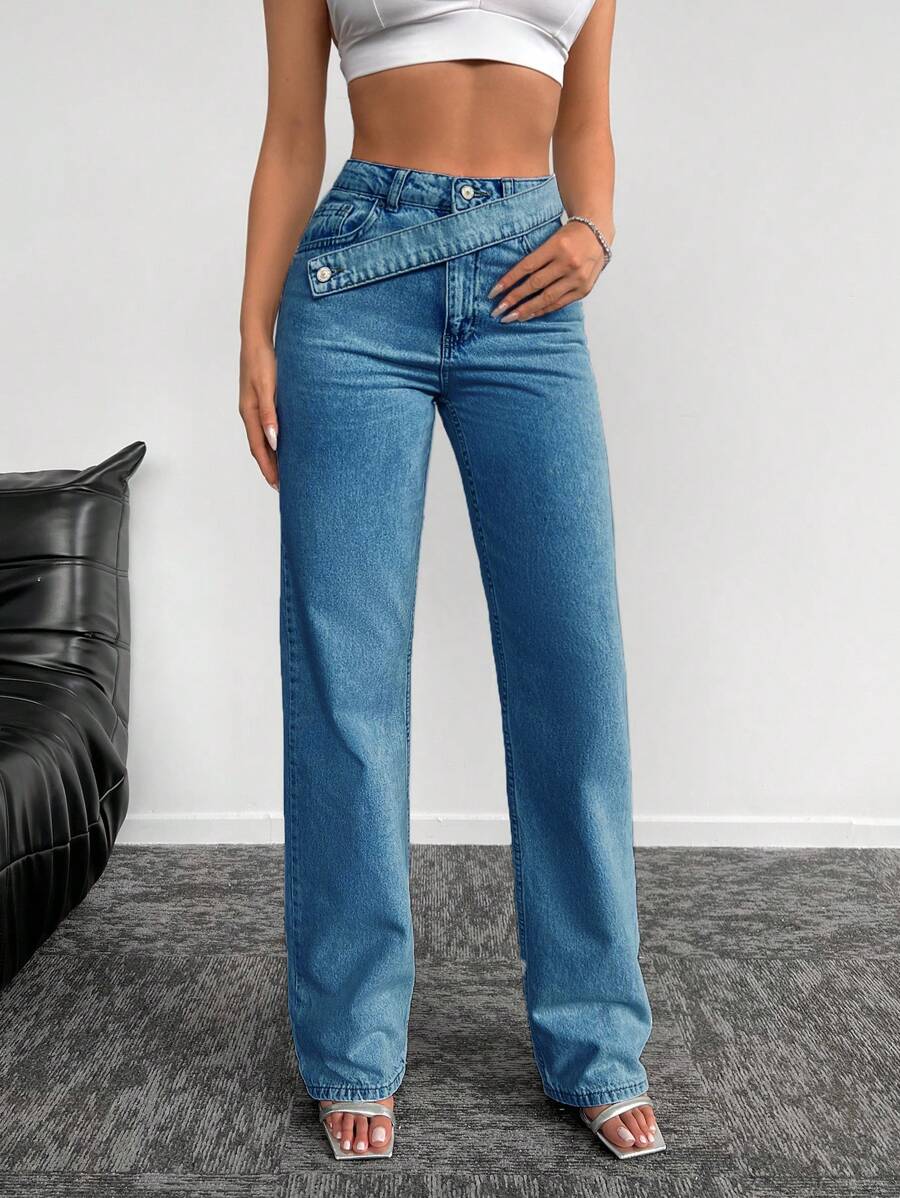 EURMUSE High Waist Straight Leg Jeans - Medium Wash - View 1