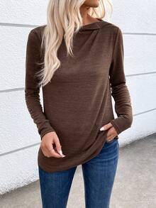 SHEIN Essnce Solid Boat Neck Plicated Detail Tee - Coffee Brown - View 4
