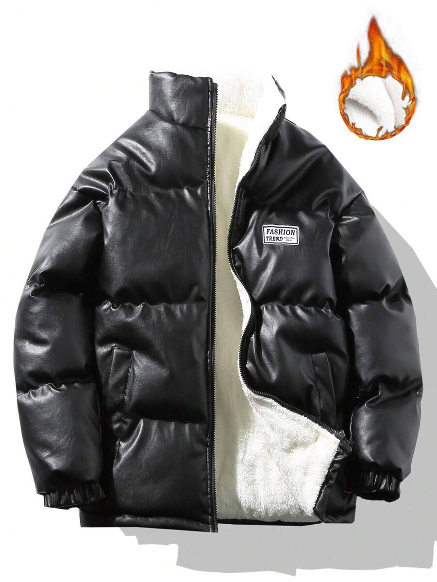 Manfinity Hypemode Men's Letter Patched Zipper Closure Pu Leather Oversized Padded Coat (No Shirt), Going Out Warm Casual Winter Coat, For Friends, Husband, Boyfriend Gifts, Men Winter Jacket, Men Outerwear - Black - View 1