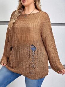 SHEIN EZwear 大碼落肩袖破洞套頭毛衣 - 卡其色 - 查看 4