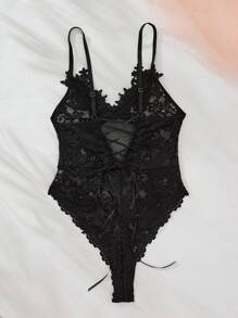 Body de lencería con aplicaciones de encaje floral, body de lencería lindo, body de lencería transparente y sensual - Negro - Ver 2