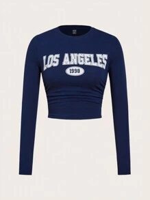SHEIN EZwear Los Angeles Summer Outfit Long Sleeve Letter Graphic Crop Tee - Navy Blue - View 1