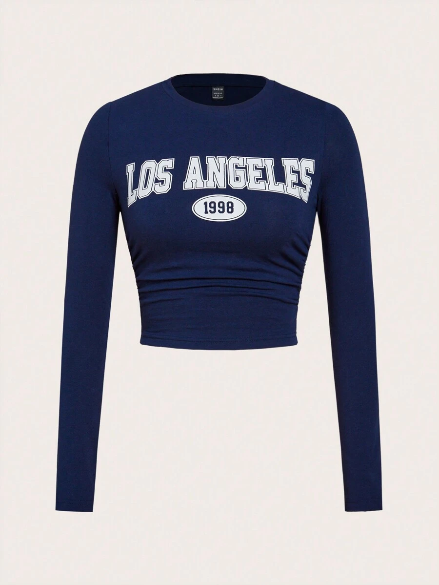 SHEIN EZwear Los Angeles Summer Outfit Long Sleeve Letter Graphic Crop Tee - Navy Blue - View 1