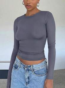 Elegant & Versatile Women Plain Crew Neck Long Sleeve Ruched Fitted Slim Fit T-Shirt,Suitable For Summer And Autumn/Winter Seasons - Màu xanh bụi bặm - Xem 5