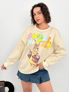SHEIN EZwear Plus Rabbit & Slogan Graphic Drop Shoulder Sweatshirt - Apricot - View 5