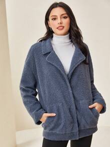 Mulvari Abrigo teddy de hombros caídos con parche de bolsillo - Neblina azul - Ver 5