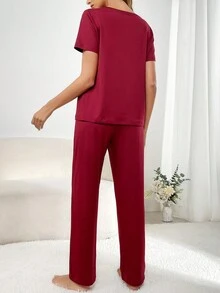 半排扣T恤和褲子休閒套裝 - 酒紅色 - 查看 2