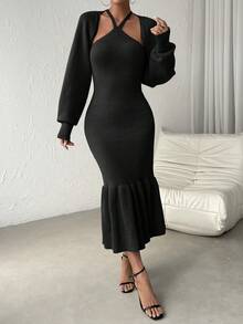 SHEIN Privé Halter Neck Mermaid Hem Sweater Dress & Drop Shoulder Cardigan - Black - View 5