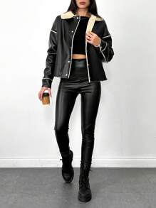 EURMUSE Teddy Lined PU Leather Jacket - Black - View 4