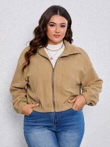 SHEIN LUNE Hơn Thả vai Dây kéo Vải to sợi Áo khoác - Màu Khaki - Xem 3