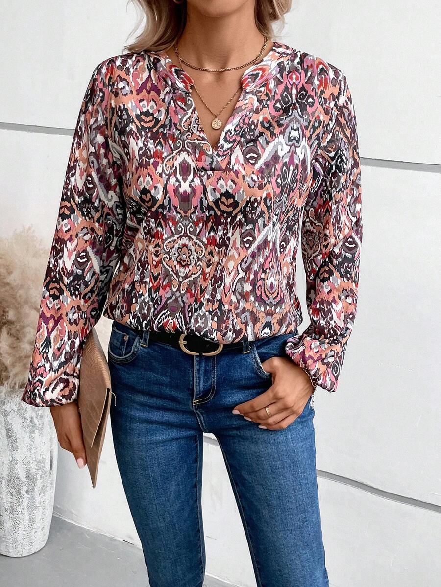 EMERY ROSE Allover Print Notched Neckline Flounce Sleeve Blouse - Multicolor - View 1