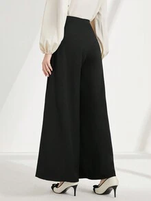 Modelyn 素色折疊腰闊腿西裝褲 - 黑色 - 查看 2