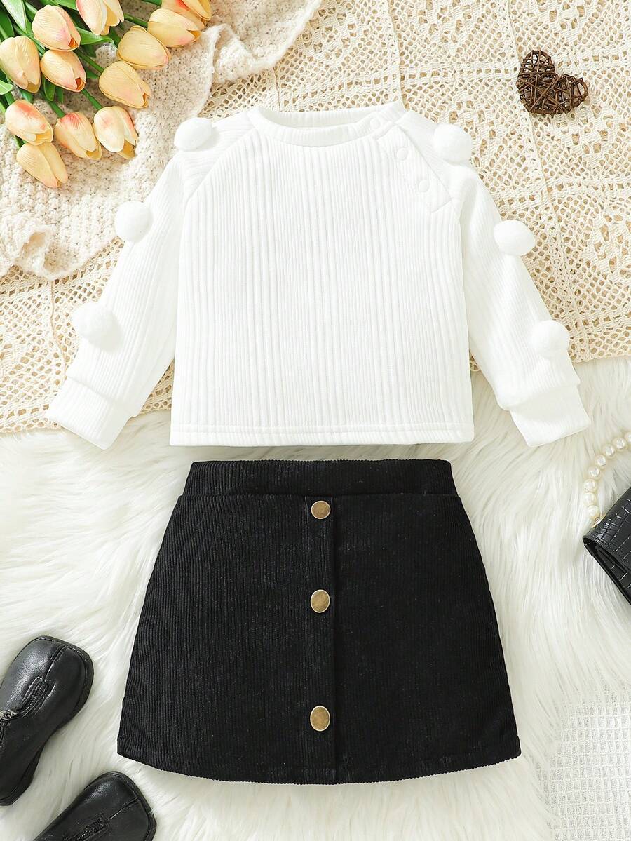 女嬰球球邊插肩袖運動衫&紐扣細節燈芯絨半身裙 - 彩色 - 查看 1