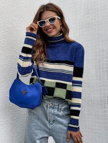 SHEIN Essnce 格紋圖案高領落肩袖套頭毛衣 - 藍色 - 查看 6