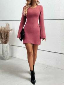 SHEIN LUNE Solid Fare Sleeve Sweater Dress - Coral Pink - View 4