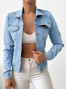 SHEIN Cottnline Flap Pocket Button Front Denim Jacket - Baby Blue - View 1