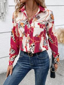 SHEIN LUNE In Dây chuyền Túi có nắp Áo sơ mi - Màu Hồng Tươi - Xem 4