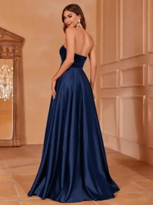 Evening Gown With High Slit & Dramatic A-Line Tube Formal Dress For Women - Navy Blue - View 3