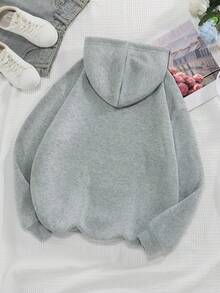 SHEIN EZwear 標語圖案袋鼠口袋抽繩加絨內裏連帽衫 - 灰色 - 查看 2