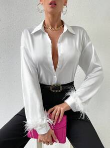 Chiquease Fuzzy Cuff Drop Shoulder Button Front Shirt Fall Cloth For Women - White - View 5