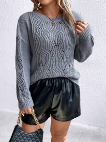SHEIN Unity Plus Pointelle Knit Drop Shoulder Sweater Knit Pullover Fall Winter Sweater - Dusty Blue - View 1
