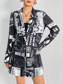 SHEIN EZwear Letter Graphic Single Breasted Blazer - Black - View 4