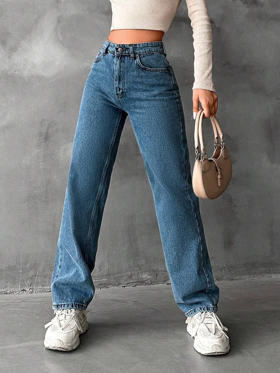 EURMUSE High Waist Straight Leg Jeans - Biru - View 1