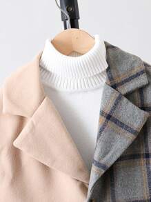 Tween Boy Plaid Print Lapel Collar Colorblock Overcoat Without Sweater - Apricot - View 4